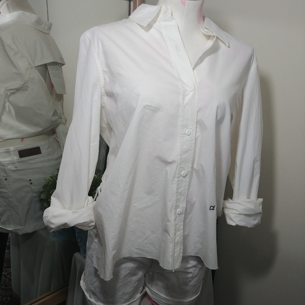$209 Current/Elliot | white cotton open back bow dress shirt button down 3 - Picture 3 of 11